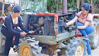 Mechanic girl repairs and restores complete tractor, mechanical genius girl, blacksmith girl