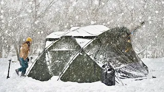 Non-stop snow solo camping l Cozy hot tent overnight l Winter mountain hiking