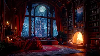 Deep Sleep in a Cozy Castle Room with Rain, Fireplace and Thunderstorm Sounds