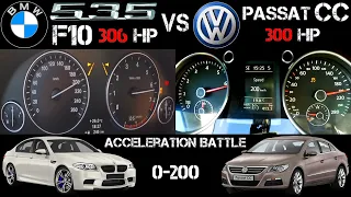 2013 BMW 535i F10 306 hp vs 2012 VW Passat CC 3.6 V6 300 hp and exhaust battle + acceleration 0-200