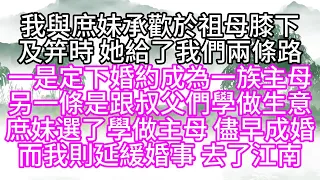 我與庶妹承歡於祖母膝下，及笄時，她給了我們兩條路，一是定下婚約，成為一族主母，另一條是跟叔父們學做生意，庶妹選了學做主母，儘早成婚，而我則延緩婚事，去了江南【幸福人生】