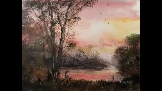 Beginner Watercolor Landscape Tutorial 225: Fast and Loose Autumn Sunset