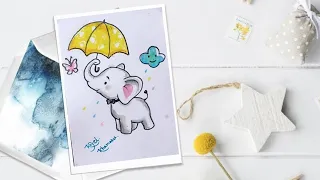 Happy Baby Elephant with butterfly Scenery drawing with colour
