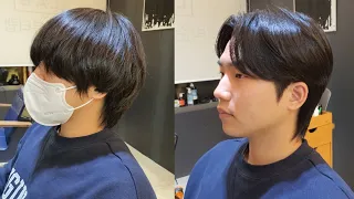 Korean style male hair. light natural long hair a leaf cut