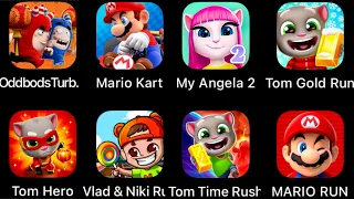 Tom Splash Force,Vlad&Niki Run,Tom Gold Run,Mario Kart,Tom Hero,My Angela 2,Mario Run,Oddbods Turbo.