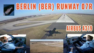 Berlin, BER Airport, Airbus approach and landing runway 07R, cockpit + pilots view, 4 cameras, 4k.