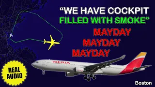 MAYDAY. Emergency return. Iberia A330 returns to Boston due to smoke on board. Real ATC