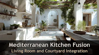 Collection of Mediterranean Kitchen Merging with Indoor Courtyard, and Living Room.