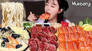 살살 녹는 연어에🍣 육즙가득 소고기타다끼🥩 + 얼큰 고소한 해물크림짬뽕까지✨사심먹방:)ㅣ연어 먹방 Raw salmon, beef, cream noodle REAL MUKBANG