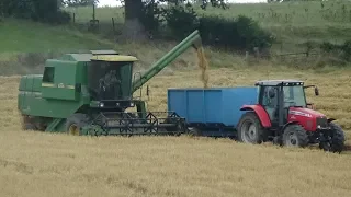 Harvest 2018 - Combining Winter Barley with John Deere 1066 & MF 6465 in support