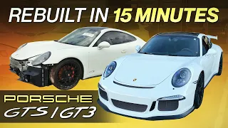 REBUILDING A CRASHED 2015 PORSCHE CARRERA GTS/GT3 IN 15 MINUTES INCREDIBLE CAR BUILD TRANSFORMATION