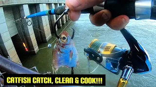 CATFISHING a GIANT SPILLWAY with CUT BAIT!!!! {Catch Clean Cook} Delicious Fried Fish!!!!