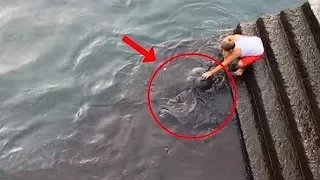 Der Junge greift ins Wasser und wartet - Plötzlich guckt ein Tier hervor!