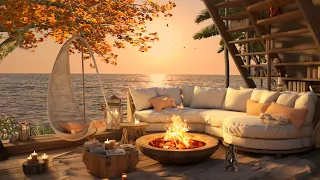 Cozy Beach House Porch in Autumn Ambience with Relaxing Ocean Waves and Tropical Birdsong