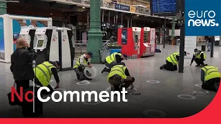 Social distancing preparations at Paris' Gare du Nord