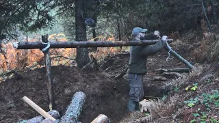 6 SURVIVOR SHELTER buildings in the woods.Made of plastic film.Snow.Wooden.and underground