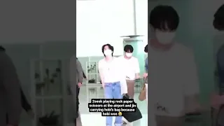 Jin has to carry Jhope's bag because he lost rock paper scissors with him🤣🤣😂