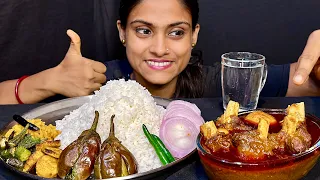 Simple Lal Lal Mutton Jhol With Rice Bengan Fry Bhindi Fry Banana Stem Fry Eating Mukbang