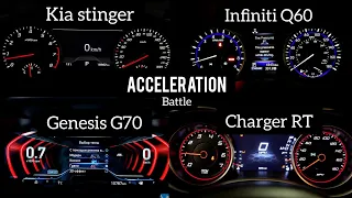 Kia stinger Vs Infiniti q60 Vs Genesis g70 Vs Dodge Charger acceleration battle