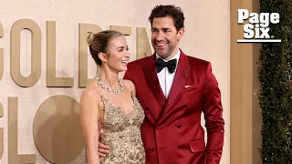 Emily Blunt and John Krasinski walk the red carpet at the Golden Globes 2024