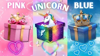 Choose your gift 🎁🤩😭|| 3 gift box challenge|| 2 good vs1 bad|| Pink, Unicorn & Blue #giftbox