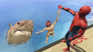 GTA 5 Water Ragdolls |  MEGALODON vs SPIDERMAN Jumps/Fails (Funny Moments) Ep.52