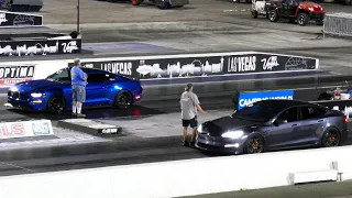 Tesla Model S Plaid (?) Sedan Vs. Ford Mustang 5.0L V8 - Drag Race - Las Vegas 6-2-2023 4K UHD