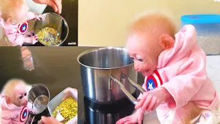 Baby Bibi helps Dad cook super delicious nutritious porridge