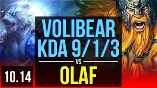 VOLIBEAR vs OLAF (TOP) | 5 early solo kills, KDA 9/1/3, 8 solo kills | KR Grandmaster | v10.14