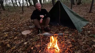 Survival in the forest, fishing, cooked food on fire