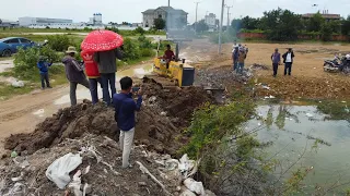 First Starting New Project By Dump Trucks 5Ton And Komatsu Dozer Pushing Stone Into Water