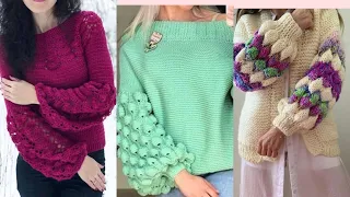 eye-catching designs of balloon sleeves crochet cardigan/Trendy cuff sleeves sweater/