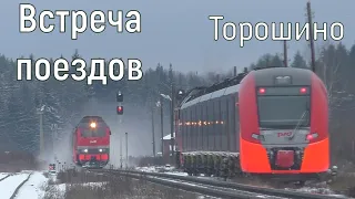 Встреча Ласточек (скрещение поездов). ЖД станция Торошино зимой