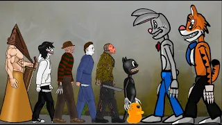 Mr. Hopps vs Mr. Stripes vs Pyramid Head, CARTOON CAT, Scp 999, Jason, Freddy, Michael, Jeff [Dc2]