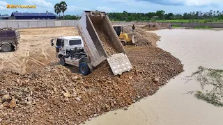 #Ep3 The showing Land Filling By Dozer Komatsu DR-51-PX pushing soil and stones into the water