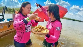 Peixe Frito no meio do Rio Araguaia. PESCARIA DAS MENINAS NO RIO ARAGUAI. Parte 1