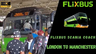 Coach Trip Report - London Victoria to Manchester Shudehill onboard a Flixbus Scania Coach | 4K