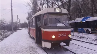 Зимний Волгоград. Трамвайный маршрут 12. "Школа 36" - "Жилгородок". Winter Volgograd. Tram route 12.