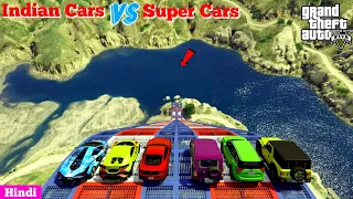 Indian Cars Vs Super Cars Big River Jump Challenge GTA 5 | Survivor raaz