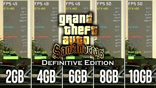 GTA San Andreas Definitive Edition - 2GB vs 4GB vs 6GB vs 8GB vs 10GB RAM