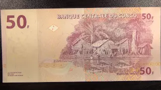 Обзор банкнота КОНГО, 50 франков, 2007 год, Маска народа Тшокве, деревня на берегу реки, Окапи, бона