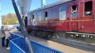 Ribble Steam Railway steam train crossing the Preston Dock swing bridge March 2022