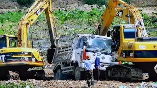 5Ton Dump truck stuck deep mud Recovery by Excavator CAT 312B & Excavator CAT 320C