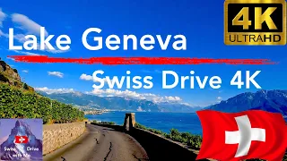 Driving in Switzerland, scenic lake Geneva from Lausanne towards Montreux in 4k