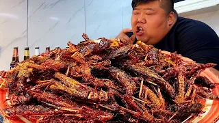 Bought grasshoppers for fish; Monkey Bro fried them for snacks with wine. Yum! [Fat Monkey Boy]