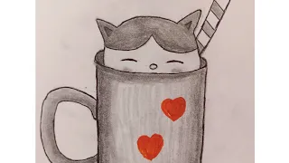 pencil Drawing Easy Ideas, Cute Cat and Mug Drawing