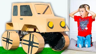 Artem builds a cardboard car and Ride on Toy Cars | Funny videos for kids