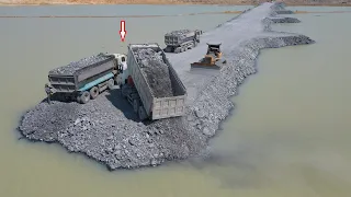 Part 5, Continue Build Road Cross water, Team Operator Dump Truck Transport Stone, Dozer Push Stone