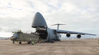 USAF C-5 Galaxy Unloading Chinook CH-47F Helicopters for Australian Army