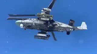 The Ka-52 helicopter destroys the target by firing missiles